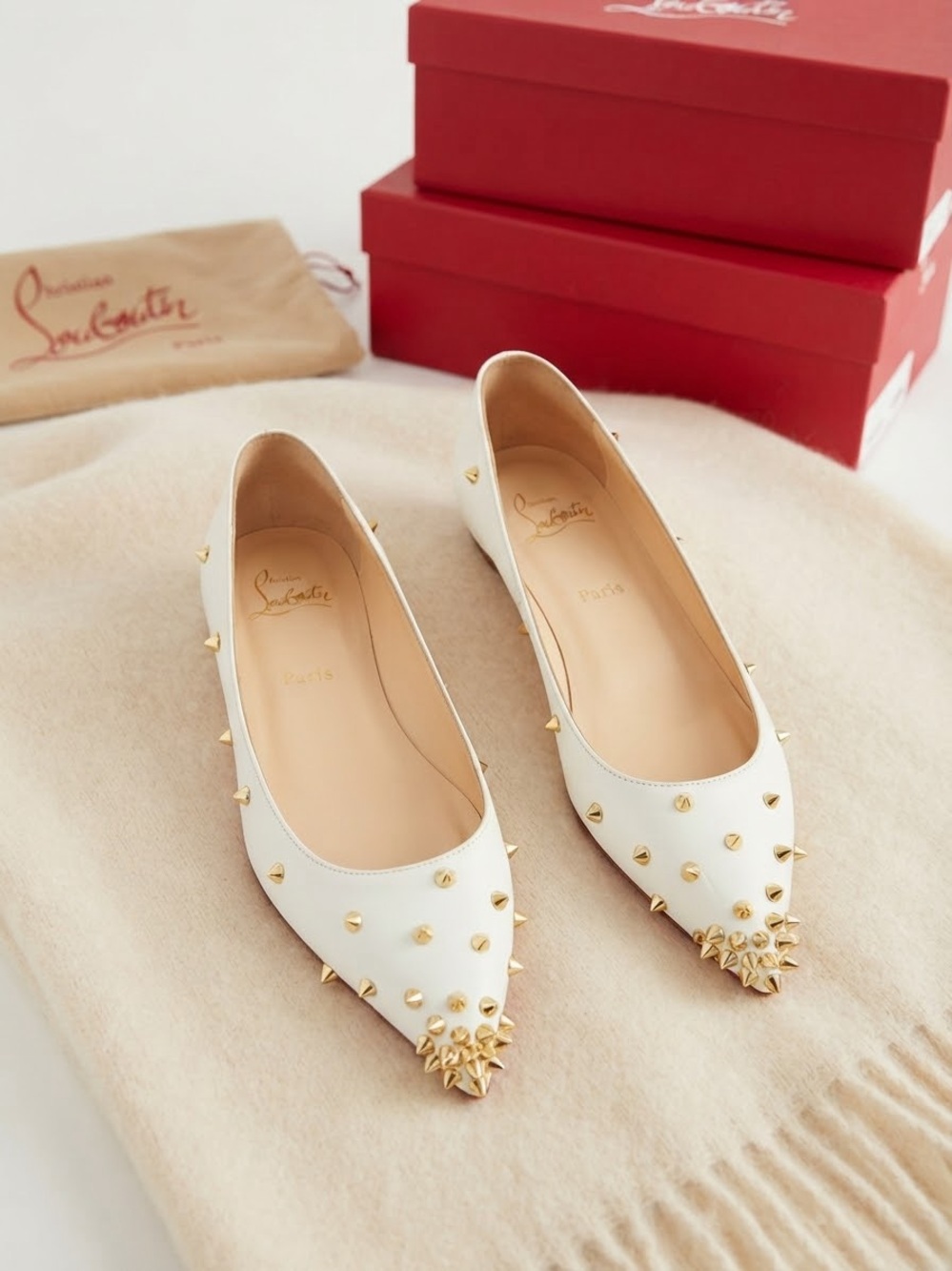 Christian Louboutin White Leather Pointed Flats with Gold Spikes